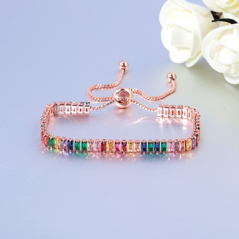 CiNily Adjustable Tennis Bracelets for Women Teen Girls Rainbow Cubic Zirconia Bracelet 14K White Gold Plated Hypoallergenic Slider Bracelet Jewelry Gift - Image 5